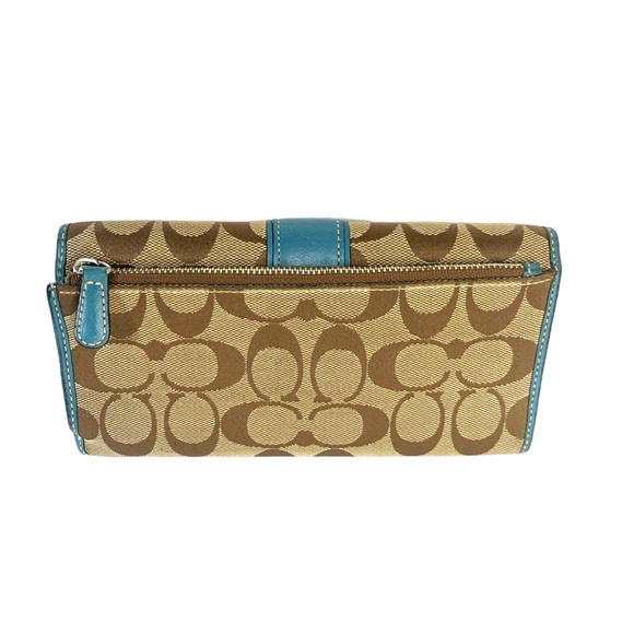 Coach Signature Canvas Checkbook Wallet Tan Brown Bleu Leather Trim - Picture 2 of 6